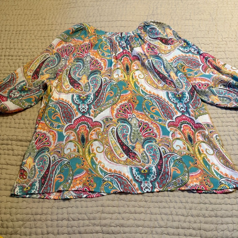 Spense Women Colorful Paisley Flowy Tunic Blouse Size 2X. Crochet neckline. - Picture 8 of 11